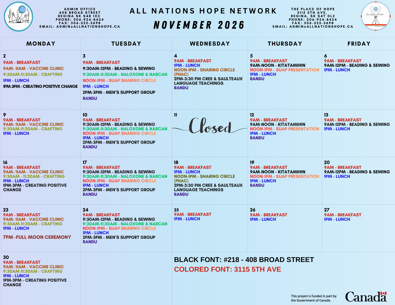 ANHN Calendar for November 2026