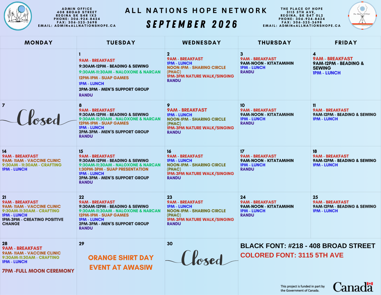 ANHN Calendar for September 2026